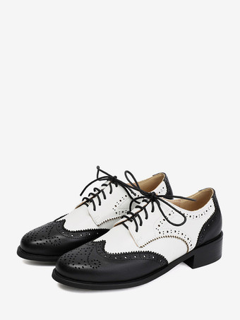 ホワイト レディースオックスフォードシューズ ラウンドトゥ レースアップ カジュアルシューズ