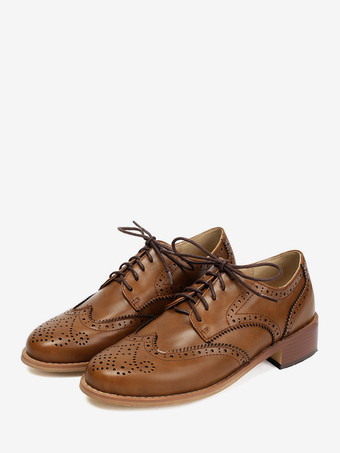 ブラウンレディースオックスフォードシューズ ラウンドトゥ レースアップ カジュアルシューズ