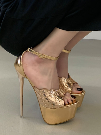 ゴールドレディースセクシーサンダルプラットフォームオープントゥアンクルストラップサンダルシューズ