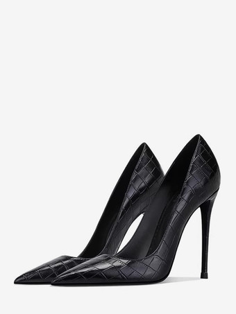 ブラック ブラックハイヒールパンプス レディース ポインテッドトゥ ストーン柄 スリッポン ドレスシューズ