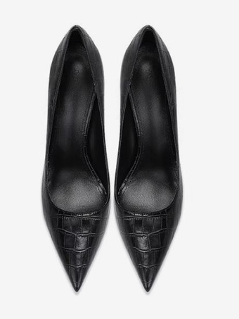 ブラックハイヒールパンプス レディース ポインテッドトゥ ストーン柄 スリッポン ドレスシューズ