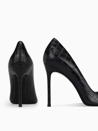 ブラックハイヒールパンプス レディース ポインテッドトゥ ストーン柄 スリッポン ドレスシューズ