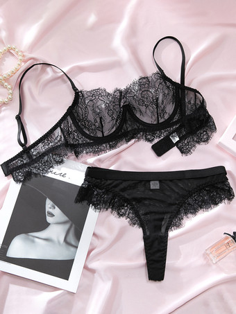 シースルーランジェリー レース ブラック 2ピース ブラック フローラル シースルーメッシュ アンダーワイヤー ブラ ショーツ セット