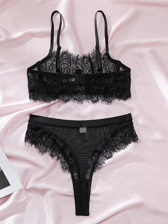 シースルーランジェリー レース ブラック 2ピース ブラック フローラル シースルーメッシュ アンダーワイヤー ブラ ショーツ セット