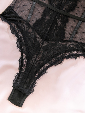Lencería Teddy Encaje Negro Bustier Body de Malla Transparente