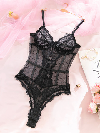 Lencería Teddy Encaje Negro Bustier Body de Malla Transparente