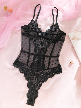 Lencería Teddy Encaje Negro Bustier Body de Malla Transparente