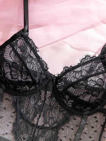 Lencería Teddy Encaje Negro Bustier Body de Malla Transparente