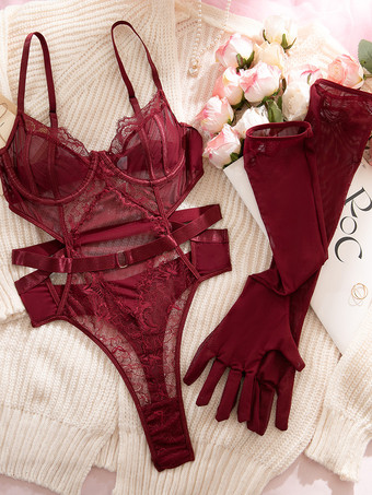 Body de encaje burdeos con aberturas de malla transparente y guantes