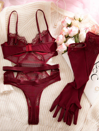 Body de encaje burdeos con aberturas de malla transparente y guantes