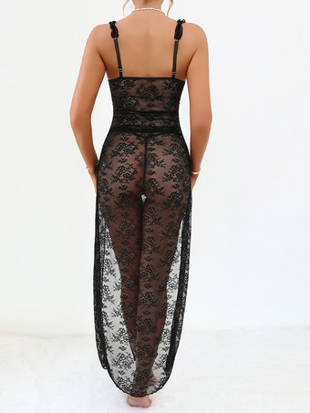 ロングナイトガウン ブラック 花柄 透け感 メッシュ マキシドレス ハイスリット レース セクシーランジェリー