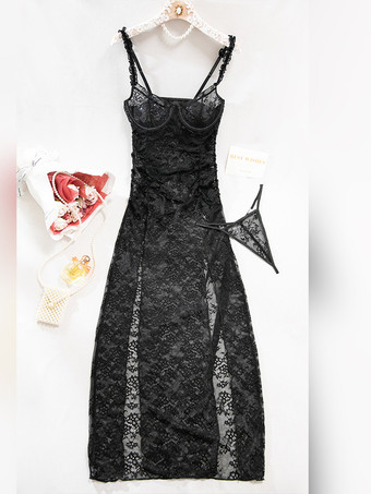 ロングナイトガウン ブラック 花柄 透け感 メッシュ マキシドレス ハイスリット レース セクシーランジェリー