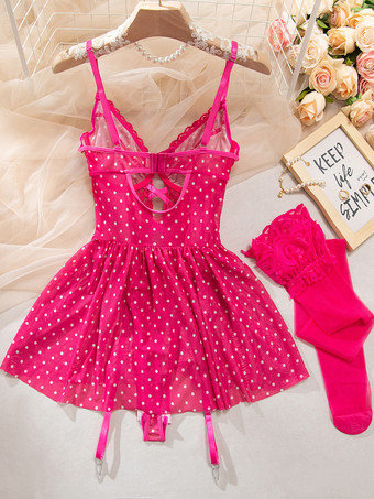 Babydoll a pois in pizzo con rose e bordo in pizzo a contrasto con calze autoreggenti