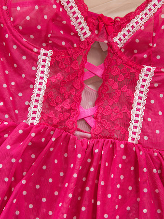 Babydoll a pois in pizzo con rose e bordo in pizzo a contrasto con calze autoreggenti