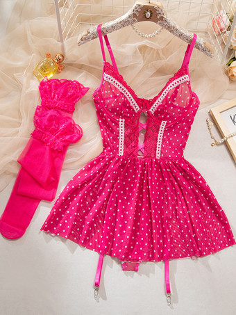 Babydoll a pois in pizzo con rose e bordo in pizzo a contrasto con calze autoreggenti