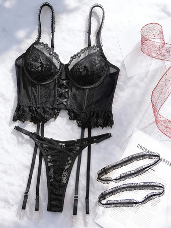 レースランジェリー ブラック 2ピース ブラック シースルーメッシュ レース ビスチェ ブラ パンティ ガーターストラップ セット
