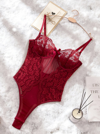 ランジェリー テディ レース コルセット バーガンディ シースルー メッシュ スパゲッティストラップ テディ