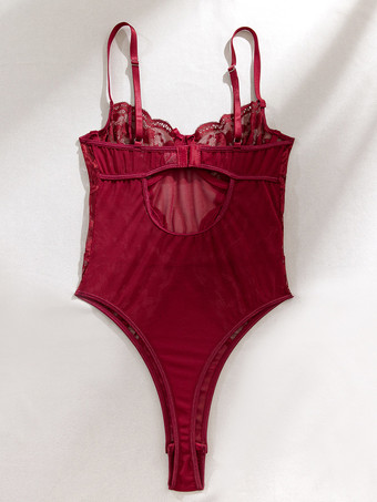 ランジェリー テディ レース コルセット バーガンディ シースルー メッシュ スパゲッティストラップ テディ