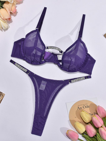 2ピースランジェリー シアーラインストーン パープル ミニマリストカット Tバック ブラ パンティセット