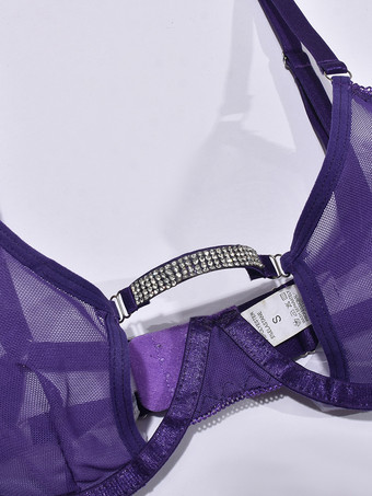 2ピースランジェリー シアーラインストーン パープル ミニマリストカット Tバック ブラ パンティセット