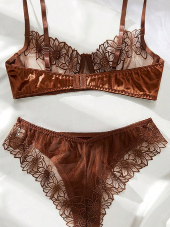 Conjunto de lencería de 2 piezas con encaje transparente malla marrón transparente sujetador con aros y braguita