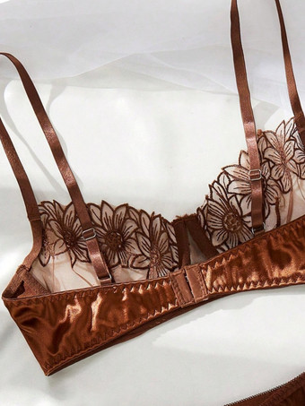 Conjunto de lencería de 2 piezas con encaje transparente malla marrón transparente sujetador con aros y braguita