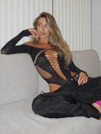 テディ ラインストーン イエロー シアー レース コントラスト メッシュ トップ ロングスリーブ シースルー ボディスーツ