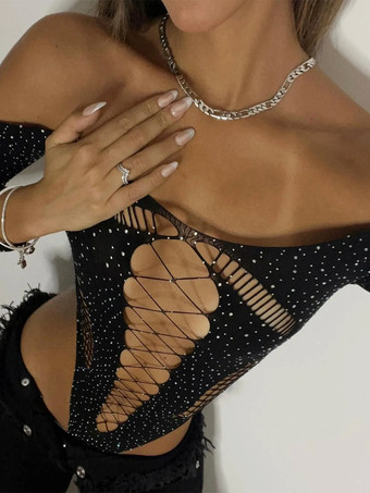 テディ ラインストーン イエロー シアー レース コントラスト メッシュ トップ ロングスリーブ シースルー ボディスーツ