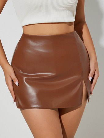 カーキ ハイウエスト フェイクレザー サイドスリット ボディコンミニスカート レディース 2026