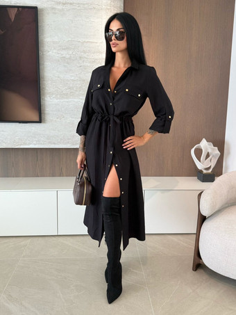 ボタンアップ ドローストリングウエスト ミディ丈シャツドレス（レディース 2026）