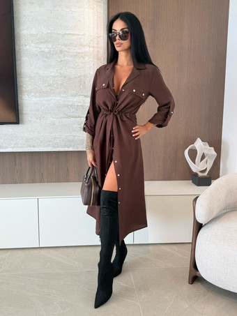 ボタンアップ ドローストリングウエスト ミディ丈シャツドレス（レディース 2026）