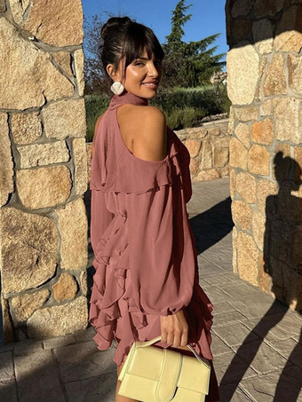 ハイネック、コールドショルダー、フリル、レイヤード、ランタンスリーブ、ミニドレス（レディース）2026