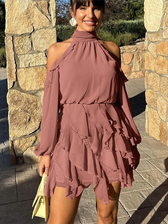 ハイネック、コールドショルダー、フリル、レイヤード、ランタンスリーブ、ミニドレス（レディース）2026