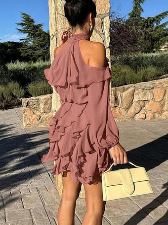 ハイネック、コールドショルダー、フリル、レイヤード、ランタンスリーブ、ミニドレス（レディース）2026