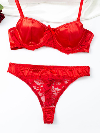 Set di lingerie per San Valentino in 2 pezzi reggiseno e perizoma in raso rosso lucido