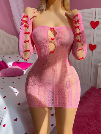 Mini lingerie seducente traforata con fiocchi in nylon rosa e rete a righe rosa per San Valentino