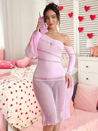 pink fishnet dress Chemise Valentine's Day Pink Fishnet Off-Shoulder Hollow-Out Sheer Mesh  Lingerie Dress