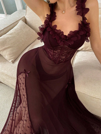 ロングナイトガウン ピンク レース 花柄 水玉 透け感 バックレス メッシュ スリープウェア セクシーランジェリー