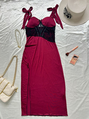 ロングナイトガウン バーガンディ セクシー バックレス ツートン ノースリーブ ボディコン レース ハイサイドスリット ランジェリー