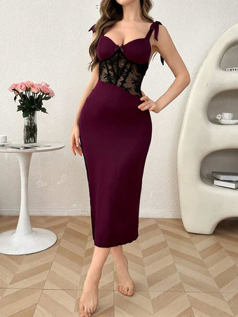 ロングナイトガウン バーガンディ セクシー バックレス ツートン ノースリーブ ボディコン レース ハイサイドスリット ランジェリー