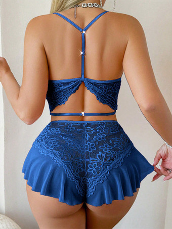 ランジェリー テディ レース バックレス バーガンディブルー カットアウト フリルスカート ワイヤーカップ バレンタインデー用