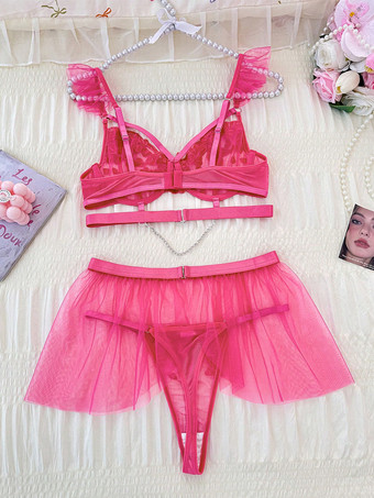 Completo intimo con reggiseno e gonna a 3 pezzi strass e rose trasparenti
