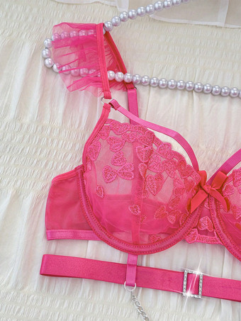 Completo intimo con reggiseno e gonna a 3 pezzi strass e rose trasparenti