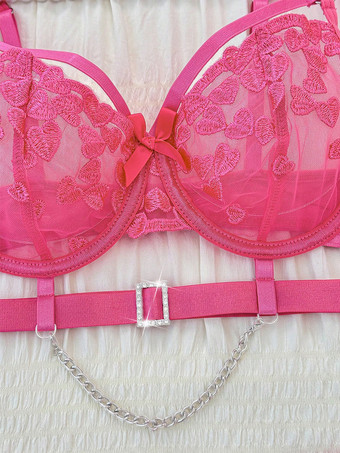 Completo intimo con reggiseno e gonna a 3 pezzi strass e rose trasparenti