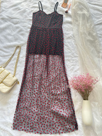 ロングナイトガウン ブラックレース ツートン バックレス ブラック レッド 水玉模様 シースルー ノースリーブ セクシーランジェリー