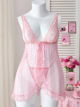 シュミーズ ピンク レース バックレス ピンク ドット シアー リボン ベビードール ランジェリー