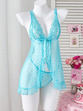 シュミーズ ピンク レース バックレス ピンク ドット シアー リボン ベビードール ランジェリー