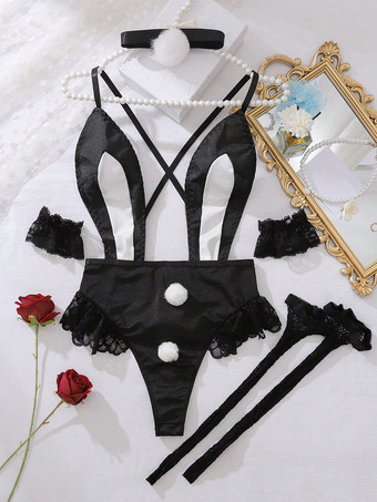 バニーガールセクシーコスチューム 魅力的なレイブクラブレディースランジェリー プランジングテディ ストッキングチョーカー付き