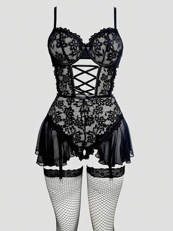 Lencería Babydoll de encaje con espalda descubierta color azul marino oscuro verde esmeralda falda con volantes y tirantes de liga medias de rejilla