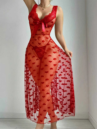 レッド ロングナイトガウン バーガンディ レース バックレス シースルー メッシュ レーストリム ハートプリント ベビードール セクシーランジェリー